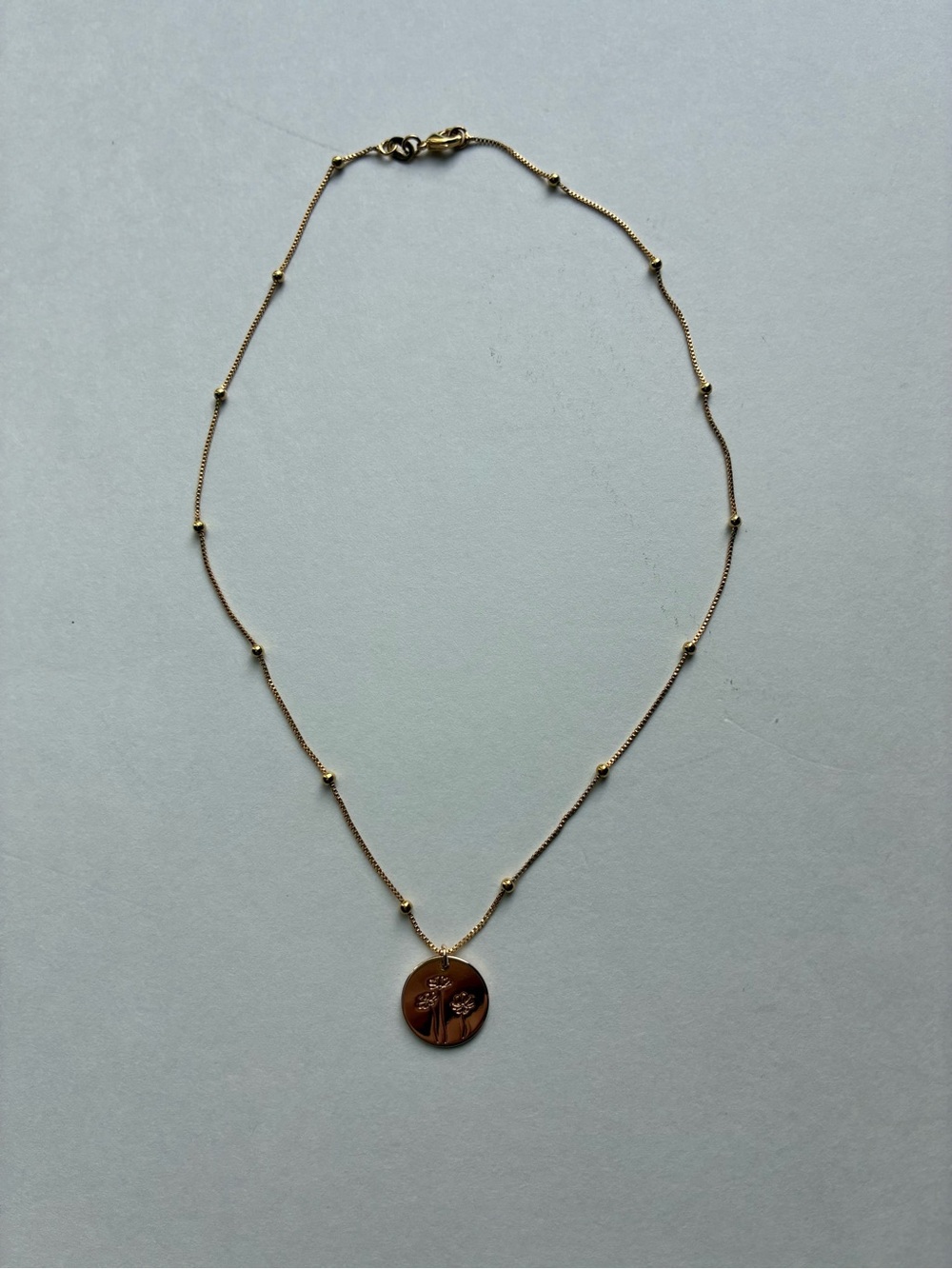 Gold Disc Necklace with Floral Etching and Gold Bead Detail Chain 16” Chain